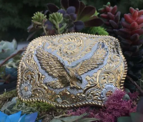 22k Gold on Sterling Silver Etched Relief Eagle Reno, NV USA 1987 Belt Buckle