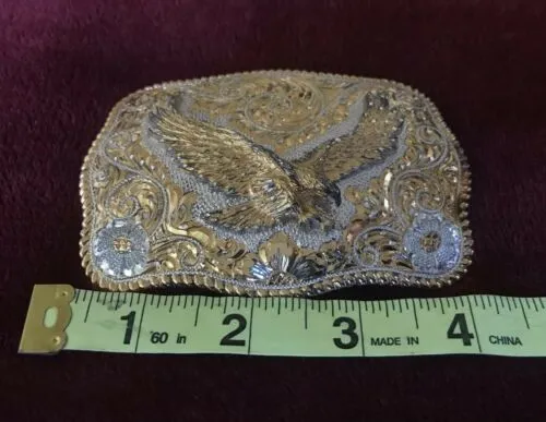 22k Gold on Sterling Silver Etched Relief Eagle Reno, NV USA 1987 Belt Buckle
