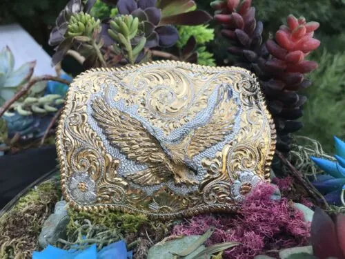 22k Gold on Sterling Silver Etched Relief Eagle Reno, NV USA 1987 Belt Buckle