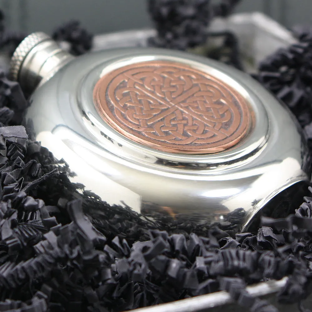 6oz Round Pewter Hip Flask with Copper Celtic Knot Badge