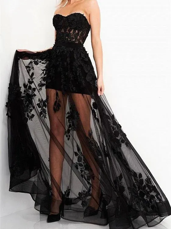 A Line Strapless Tulle Floor-Length Evening Dress with Flowers