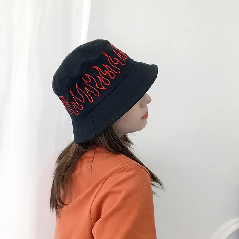Black  Hip Hop Flame Bucket Hats  For Men WomenFashion Hip Hop Sunhat