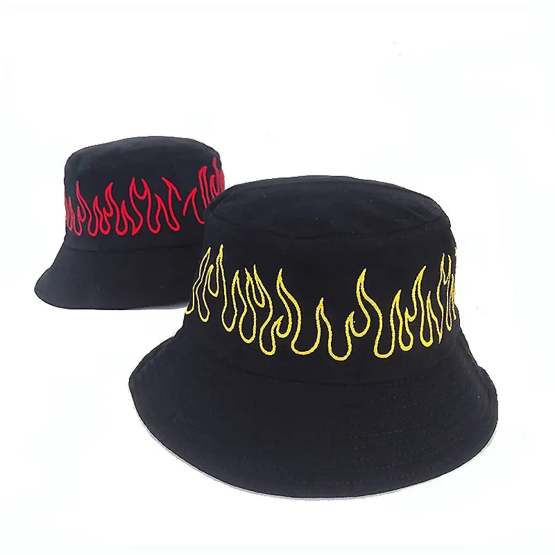 Black  Hip Hop Flame Bucket Hats  For Men WomenFashion Hip Hop Sunhat
