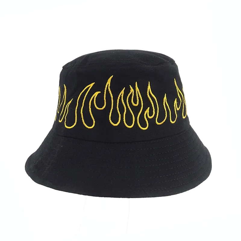 Black  Hip Hop Flame Bucket Hats  For Men WomenFashion Hip Hop Sunhat