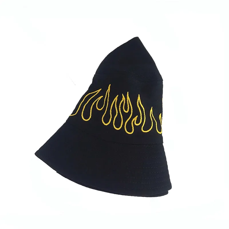 Black  Hip Hop Flame Bucket Hats  For Men WomenFashion Hip Hop Sunhat