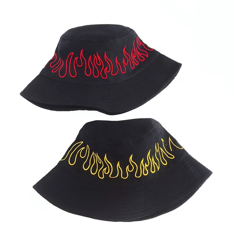 Black  Hip Hop Flame Bucket Hats  For Men WomenFashion Hip Hop Sunhat