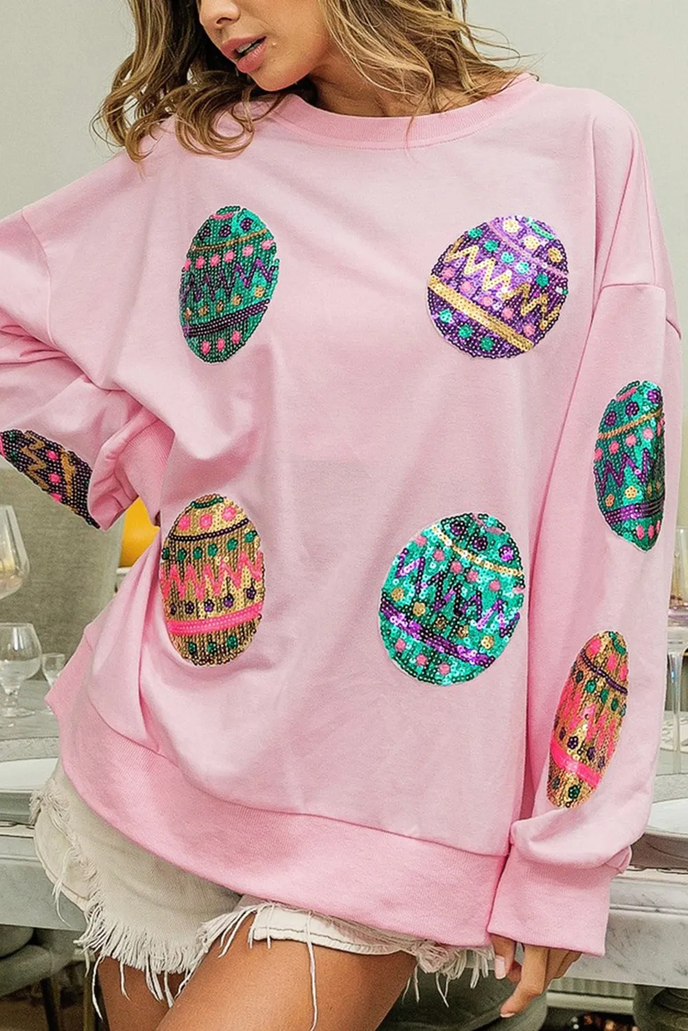 Black Sequined Easter Egg Drop Shoulder Oversized Sweatshirt