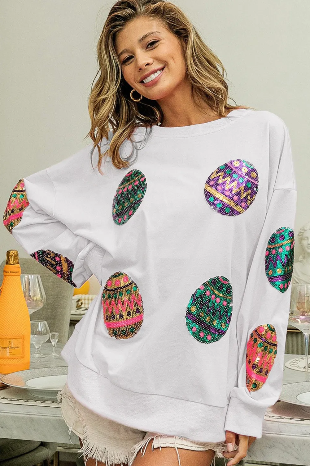 Black Sequined Easter Egg Drop Shoulder Oversized Sweatshirt