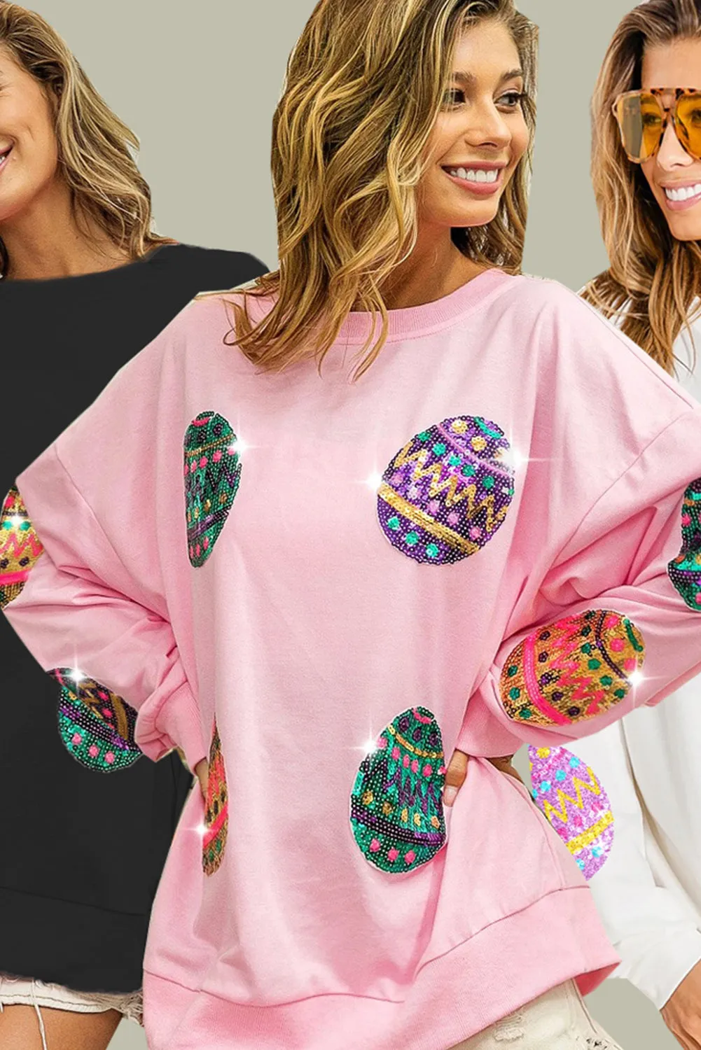Black Sequined Easter Egg Drop Shoulder Oversized Sweatshirt
