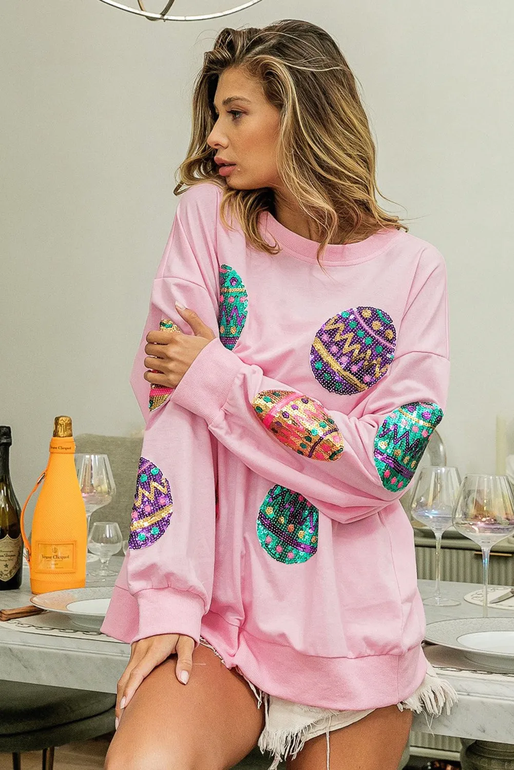Black Sequined Easter Egg Drop Shoulder Oversized Sweatshirt