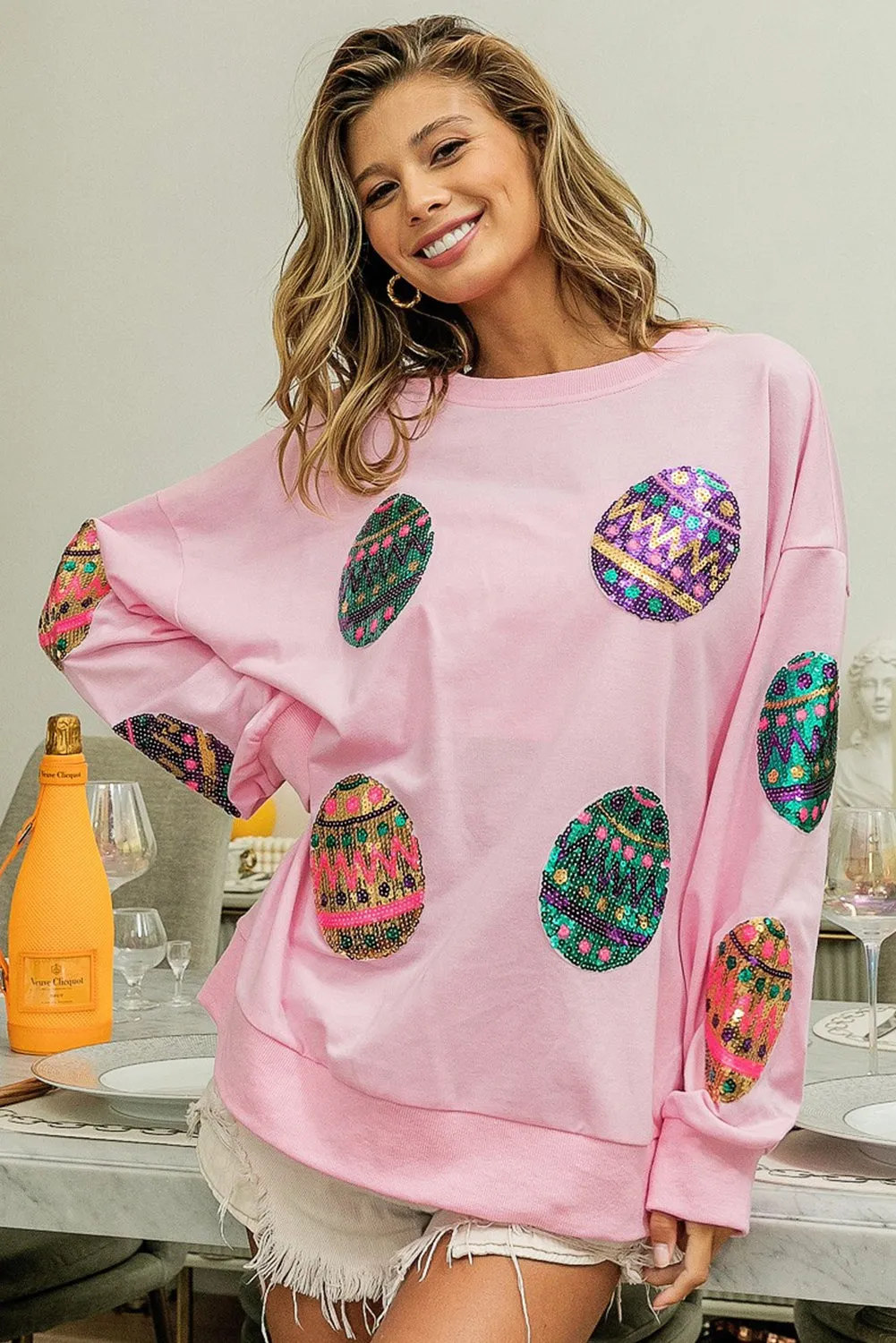 Black Sequined Easter Egg Drop Shoulder Oversized Sweatshirt