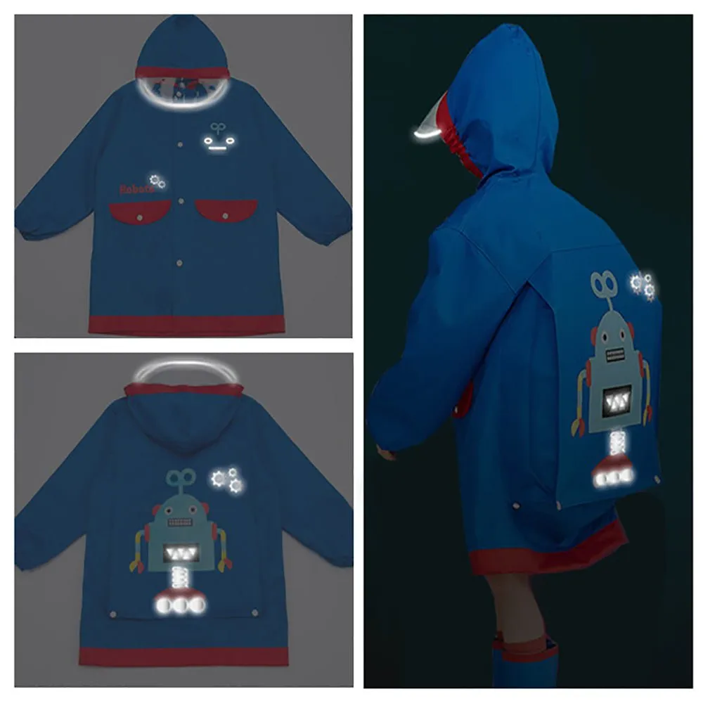 Blue & Red Robotics Kids Raincoat with Backpack Carrying Space