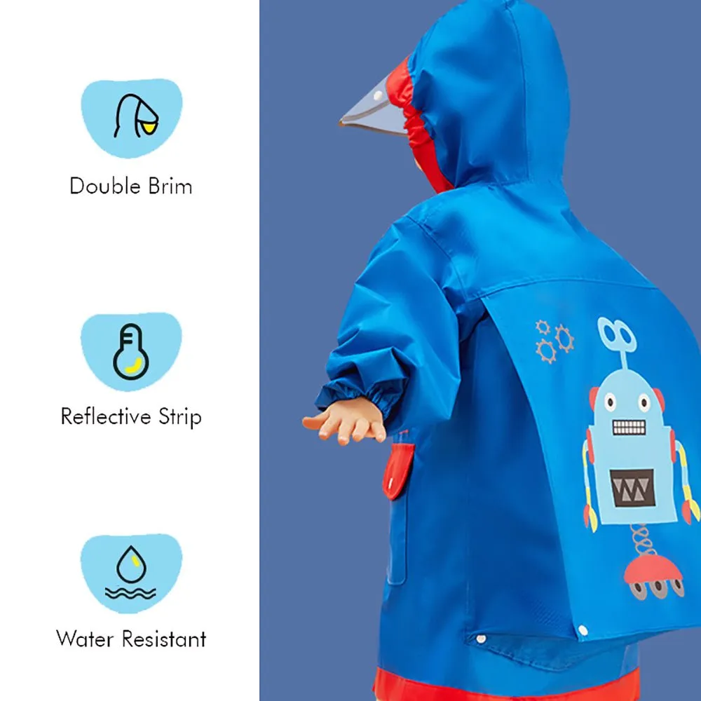 Blue & Red Robotics Kids Raincoat with Backpack Carrying Space