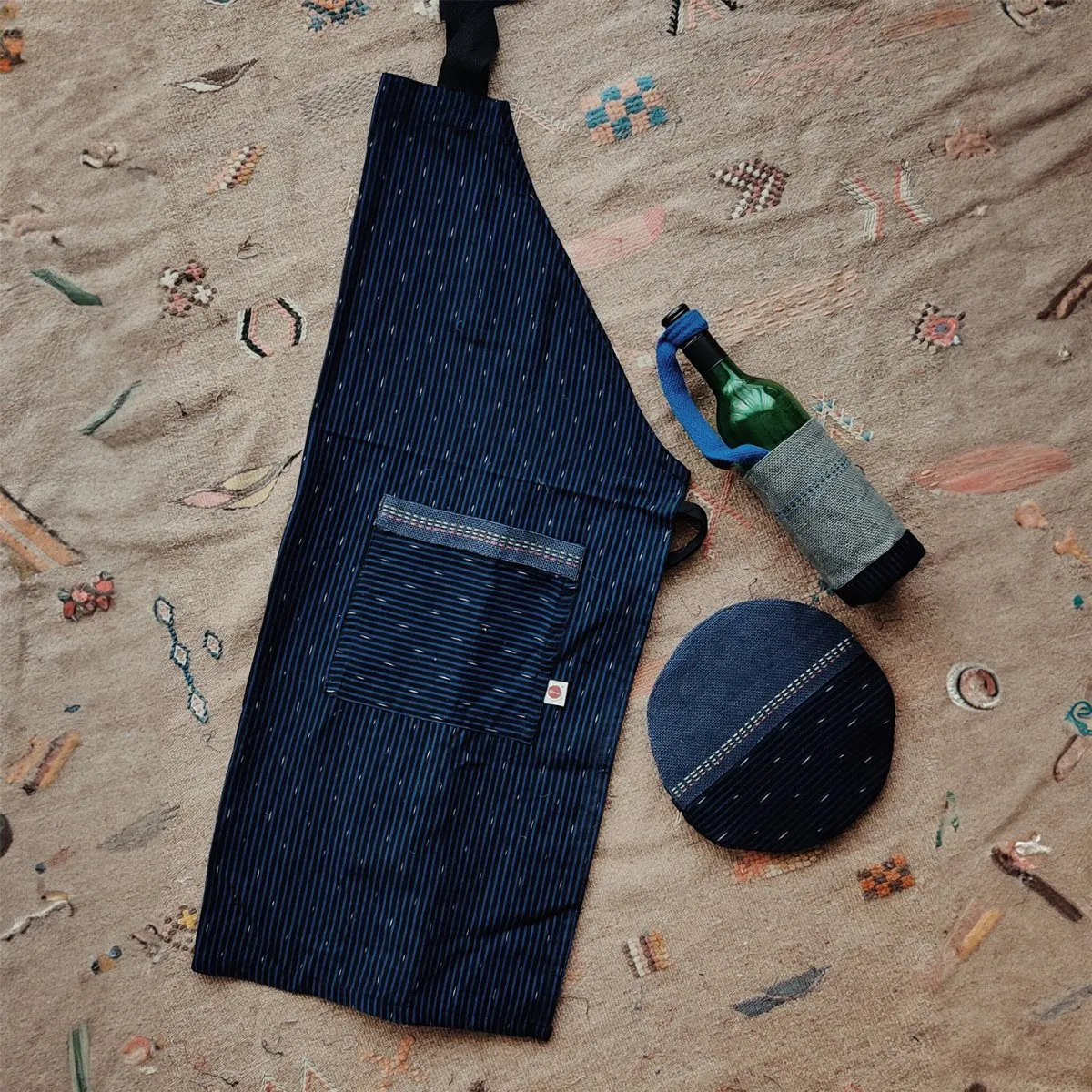 Blue Jute Bottle Gifter, Ikat & Jute Trivet, Ikat Jute Apron Combo