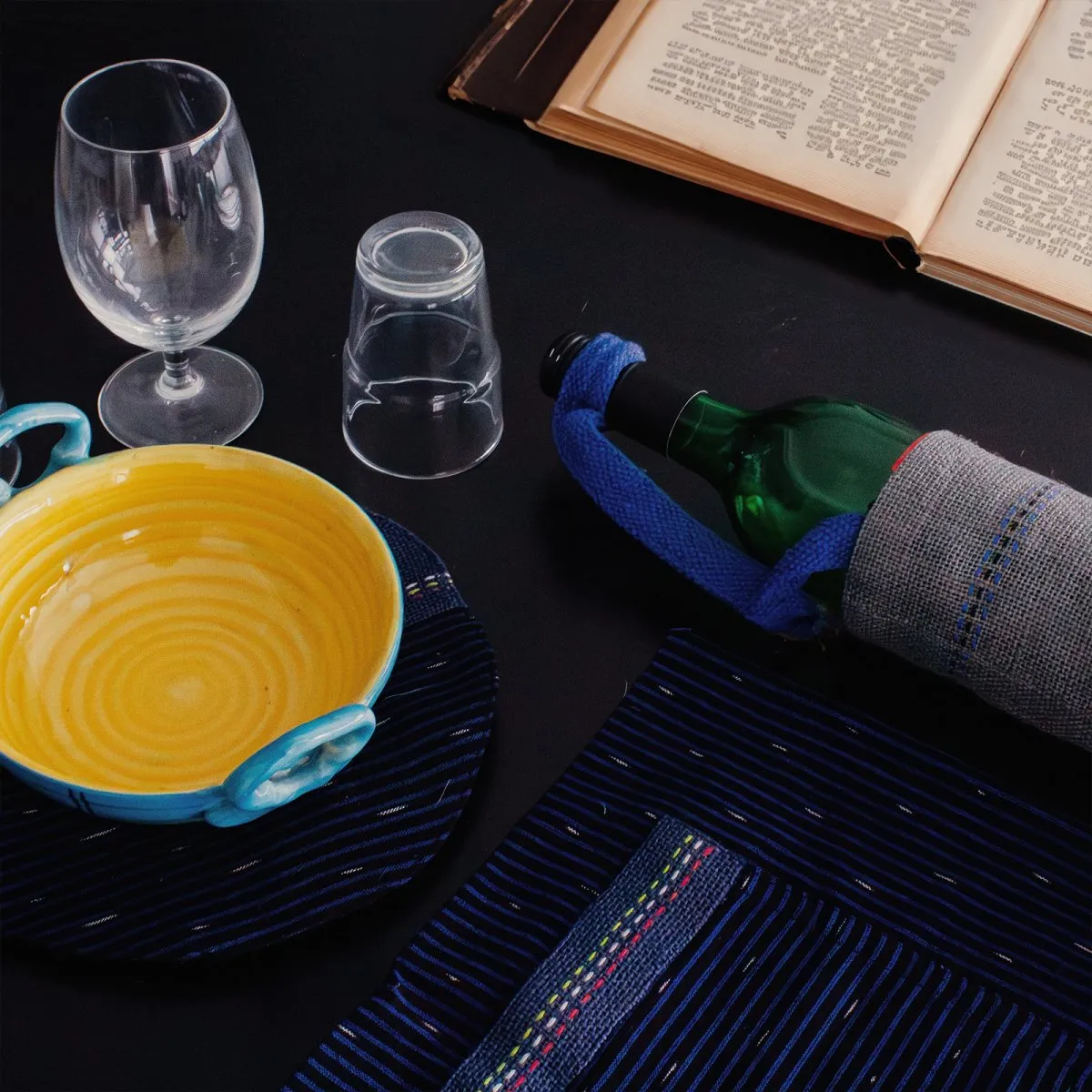 Blue Jute Bottle Gifter, Ikat & Jute Trivet, Ikat Jute Apron Combo