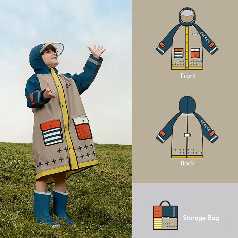 Bold Geometric print Beige & Blue Raincoat for Kids