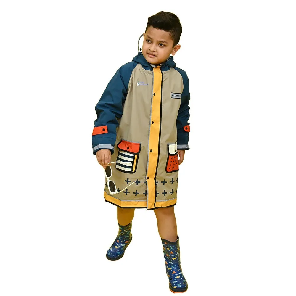 Bold Geometric print Beige & Blue Raincoat for Kids