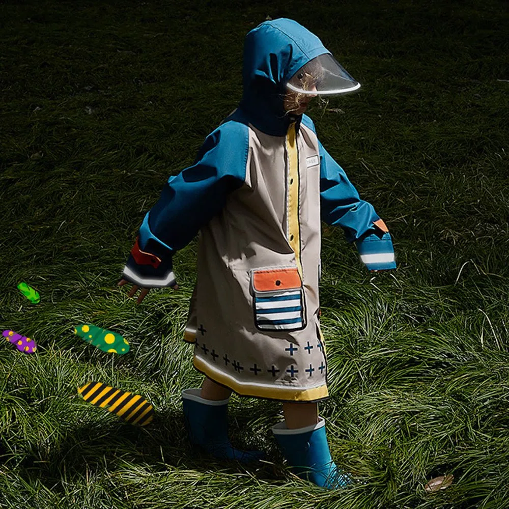 Bold Geometric print Beige & Blue Raincoat for Kids