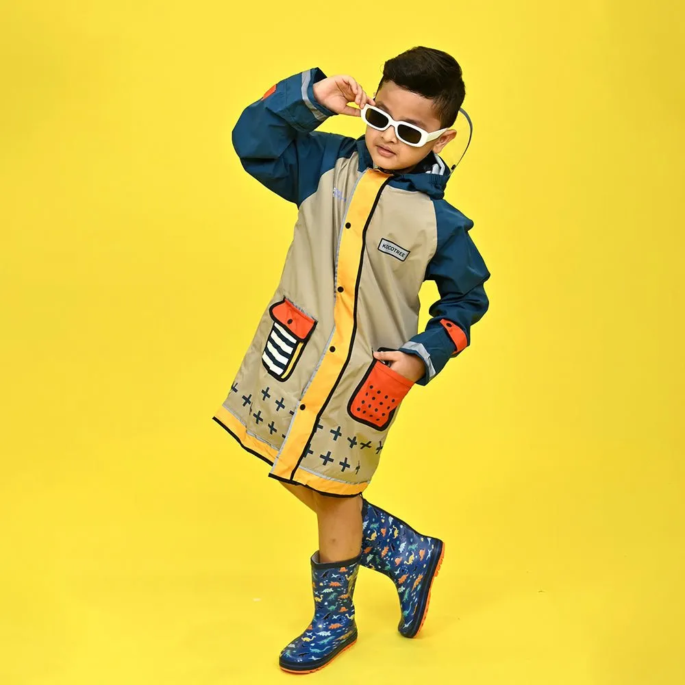 Bold Geometric print Beige & Blue Raincoat for Kids