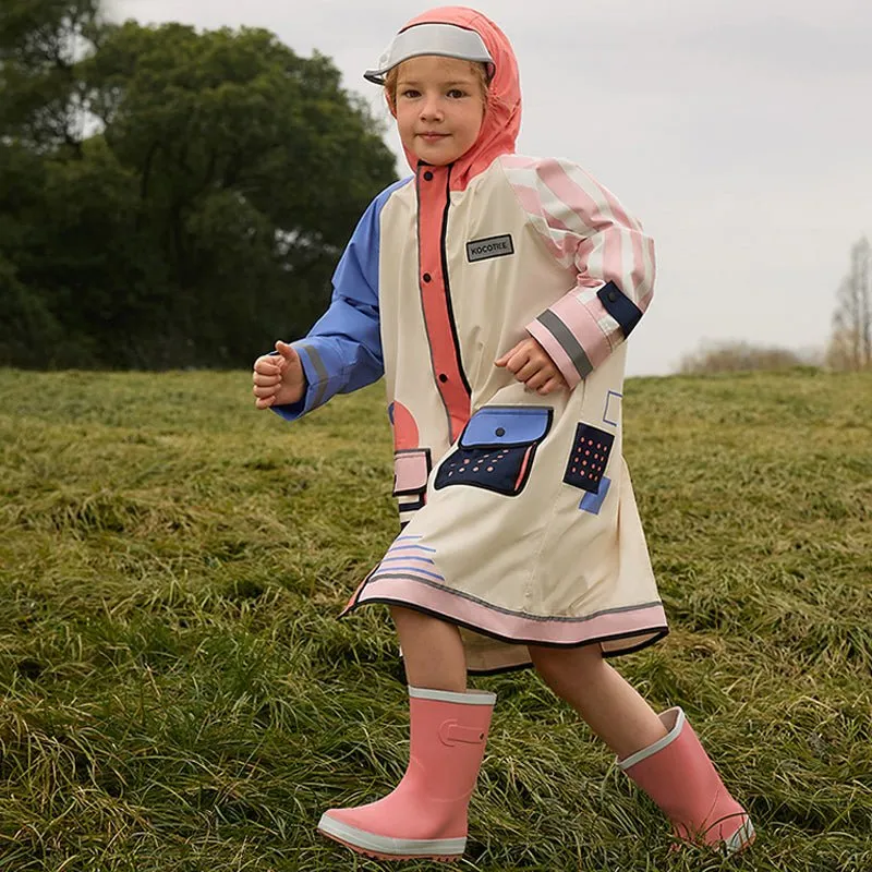 Bold Geometric Print Cream & Pink Raincoat for Kids