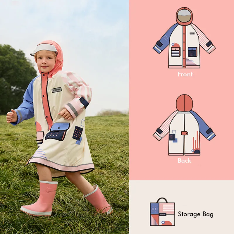 Bold Geometric Print Cream & Pink Raincoat for Kids