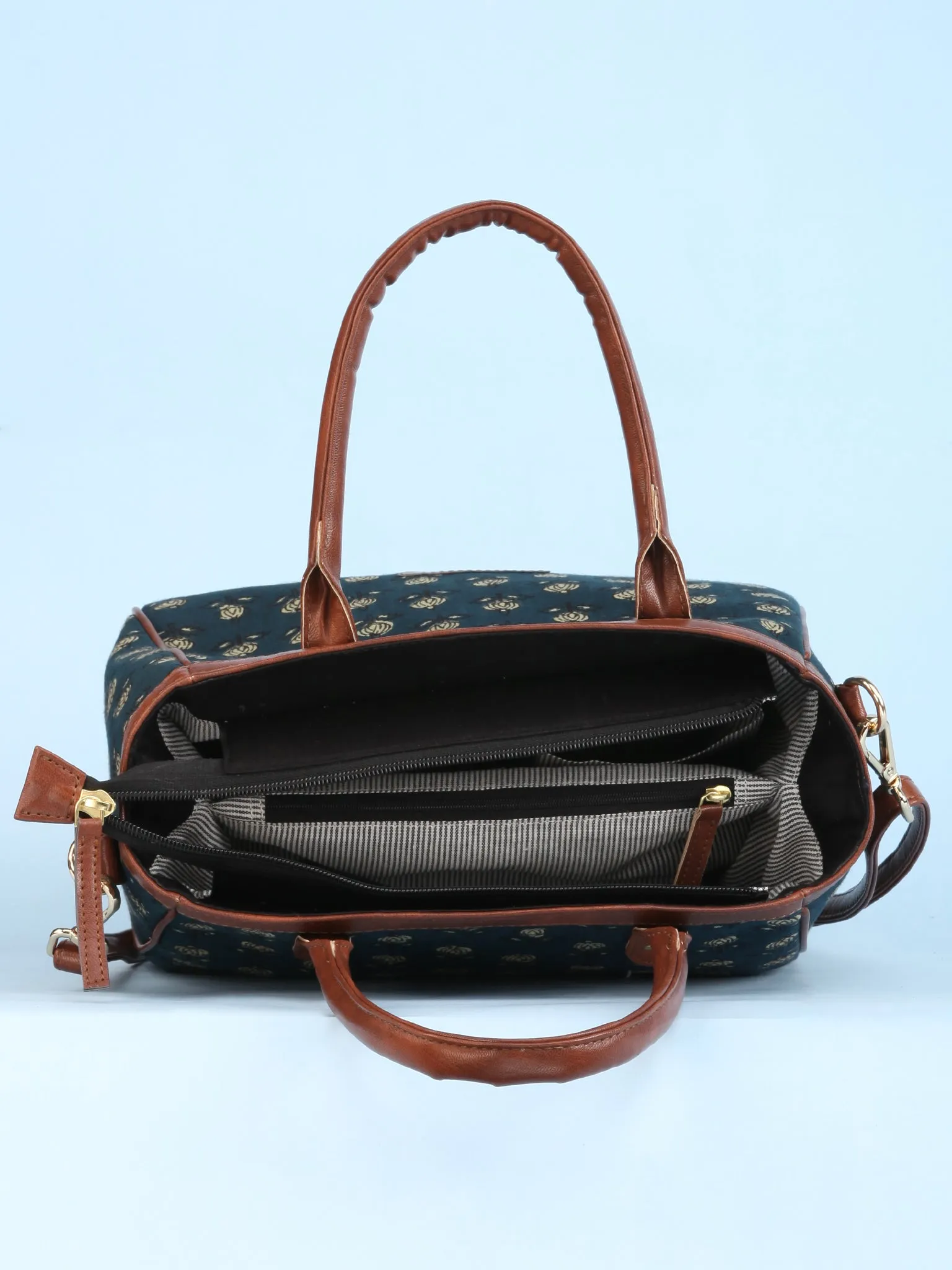 Bottle Green Hand Block Printed Vegan Leather Bucket Style Hand Bag - B1508