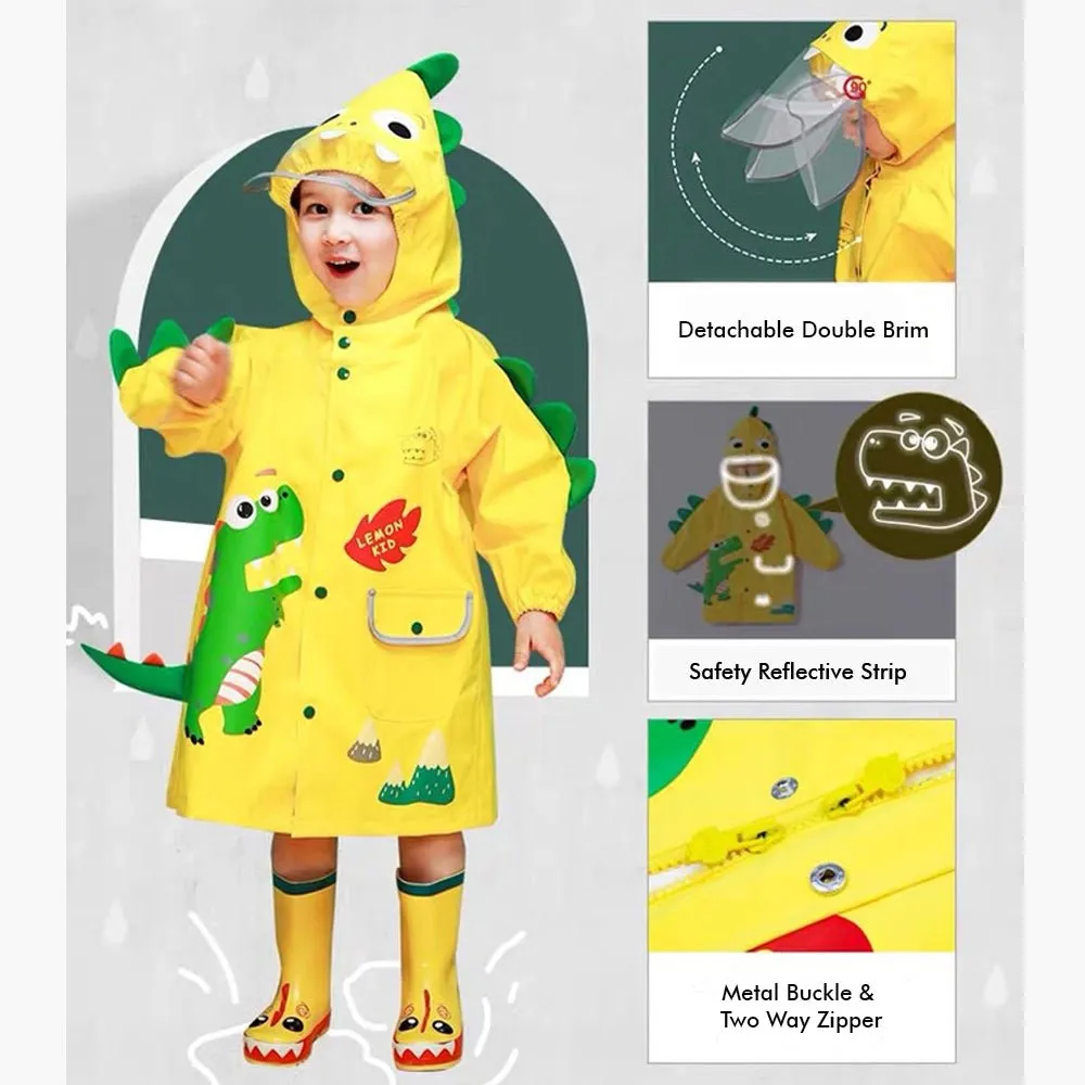 Bright Yellow 3d Dino Theme Raincoat for Kids