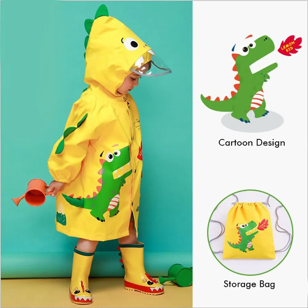 Bright Yellow 3d Dino Theme Raincoat for Kids