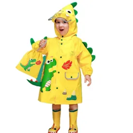 Bright Yellow 3d Dino Theme Raincoat for Kids