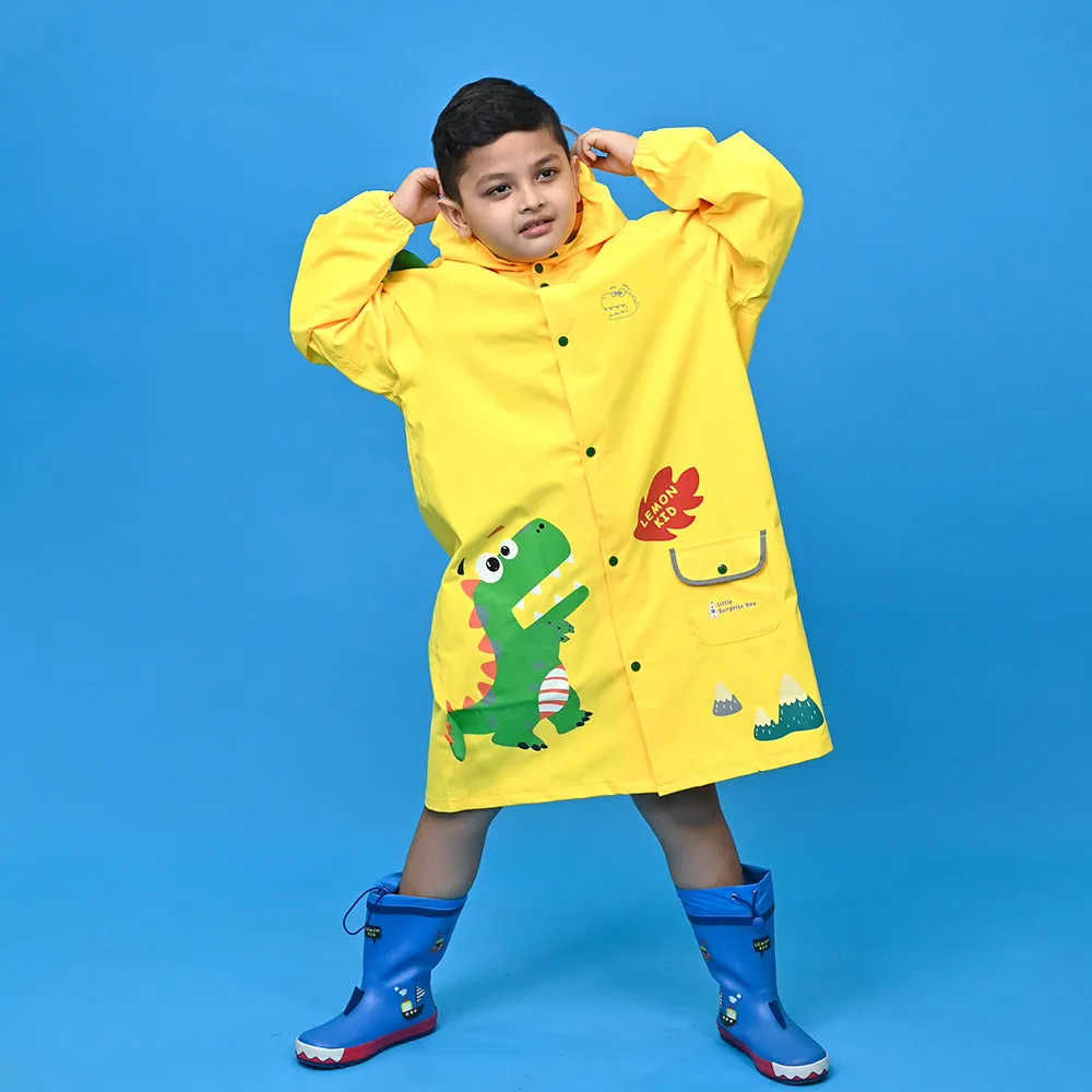 Bright Yellow 3d Dino Theme Raincoat for Kids