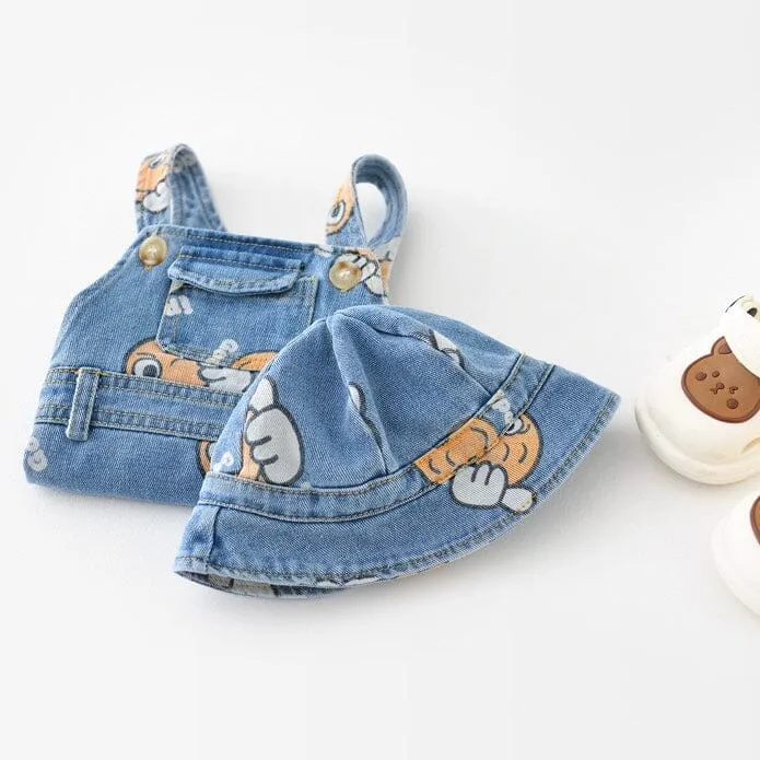Cartoon Denim Printed Baby Romper with Matching Bucket Hat