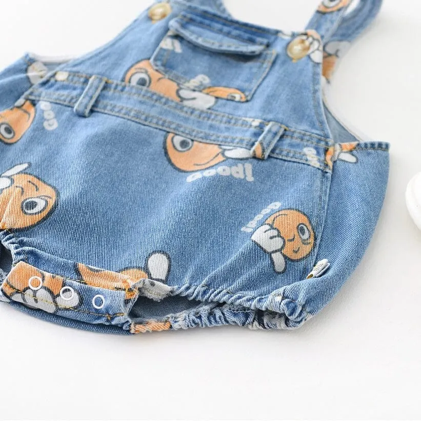 Cartoon Denim Printed Baby Romper with Matching Bucket Hat