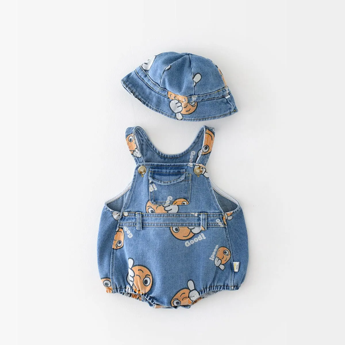 Cartoon Denim Printed Baby Romper with Matching Bucket Hat