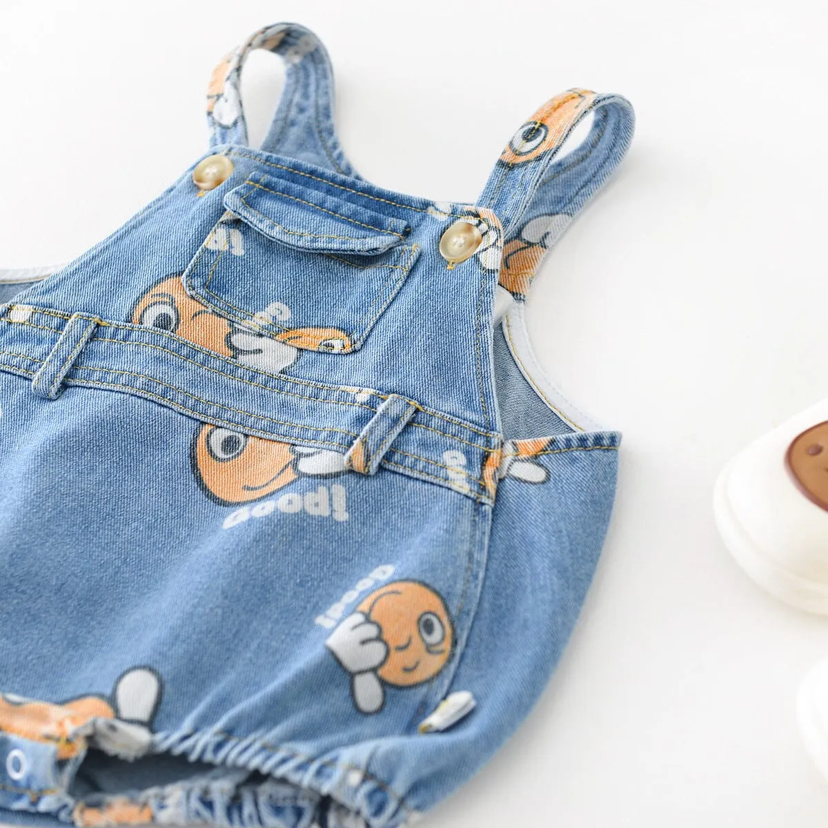 Cartoon Denim Printed Baby Romper with Matching Bucket Hat