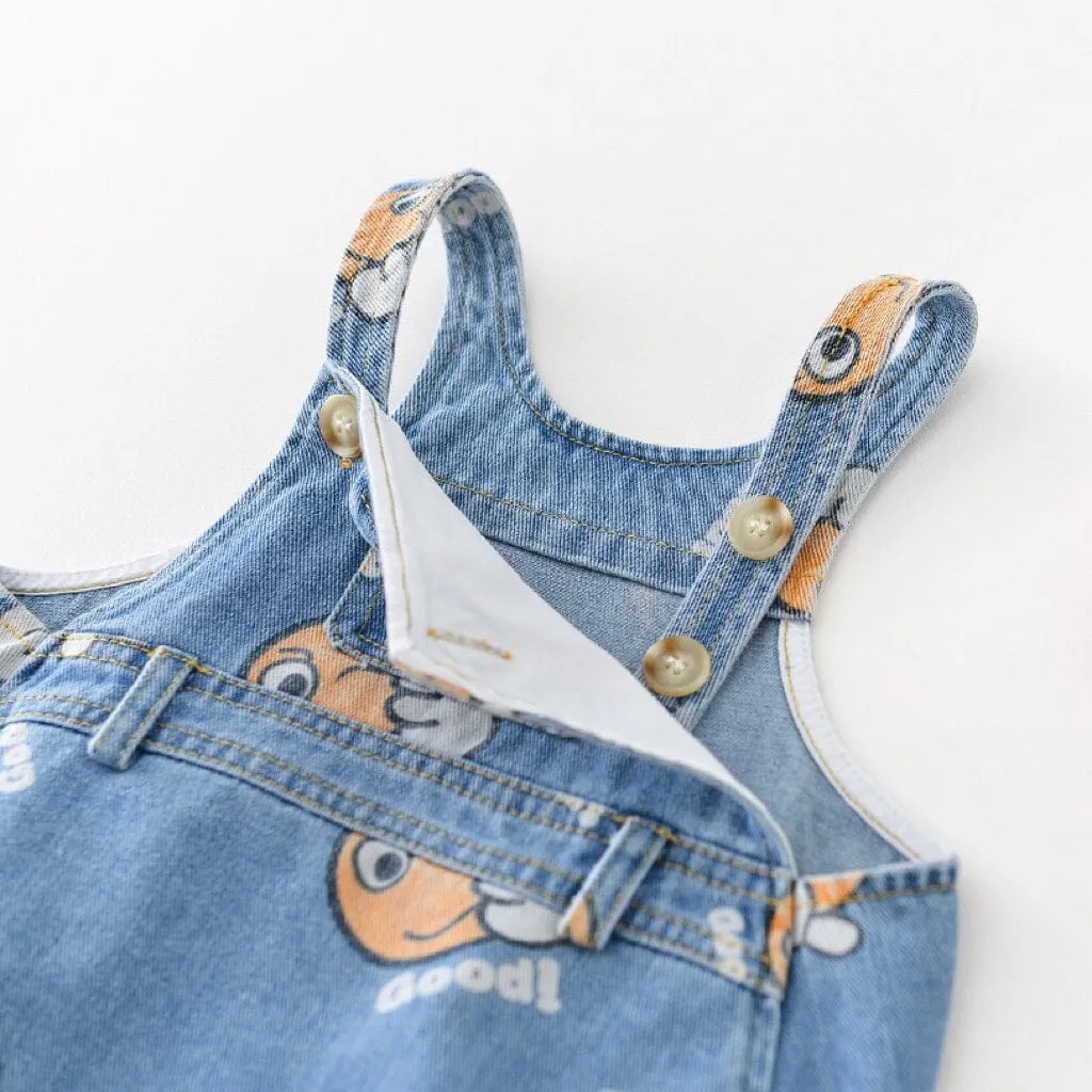 Cartoon Denim Printed Baby Romper with Matching Bucket Hat