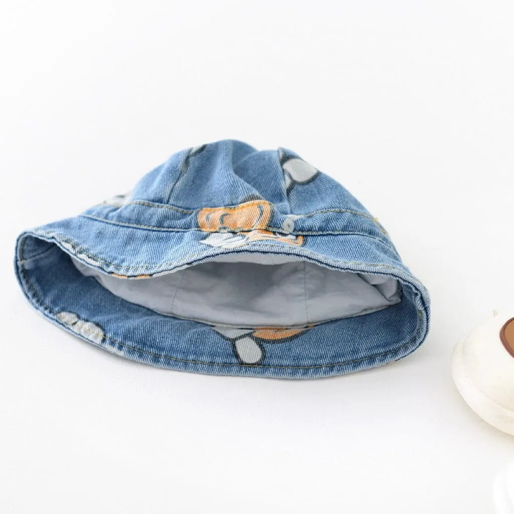Cartoon Denim Printed Baby Romper with Matching Bucket Hat