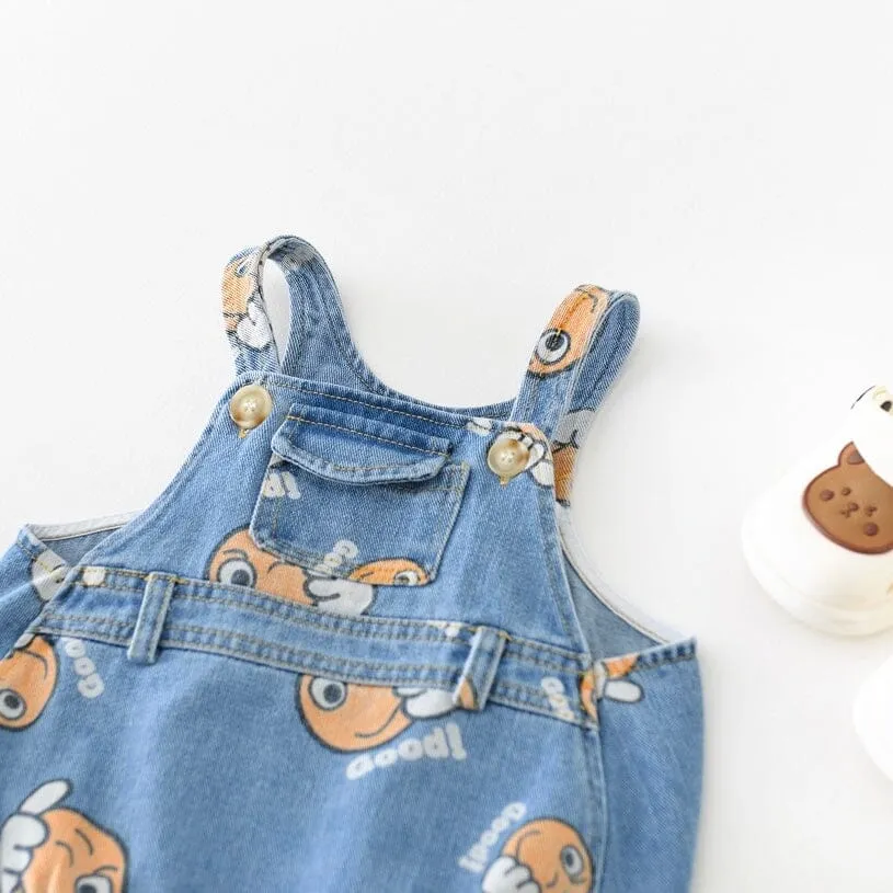 Cartoon Denim Printed Baby Romper with Matching Bucket Hat