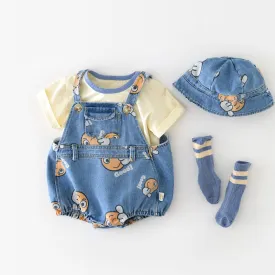 Cartoon Denim Printed Baby Romper with Matching Bucket Hat