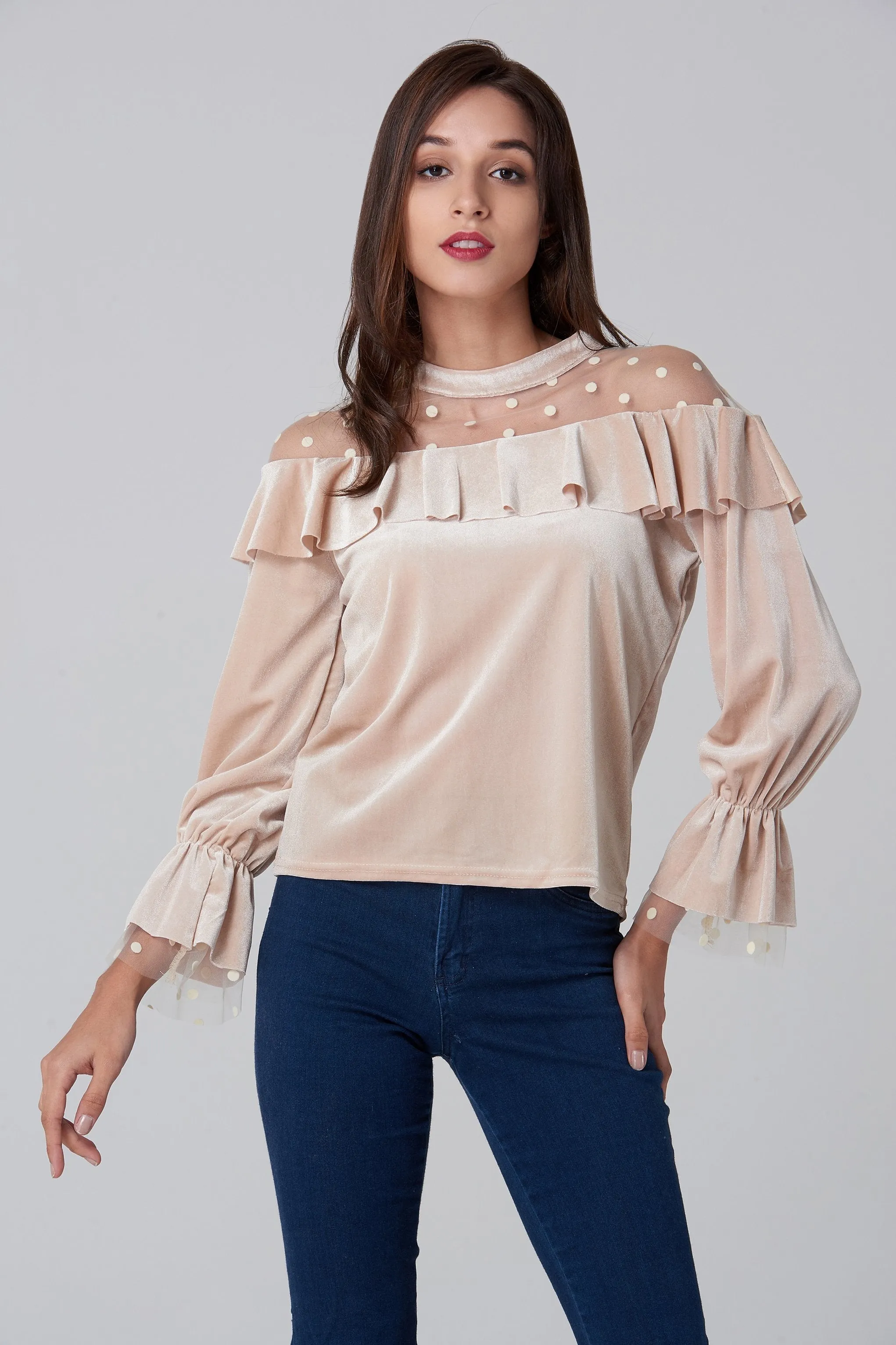 Champagne Velvet Sheer Polka dot Yoke Bardot Top