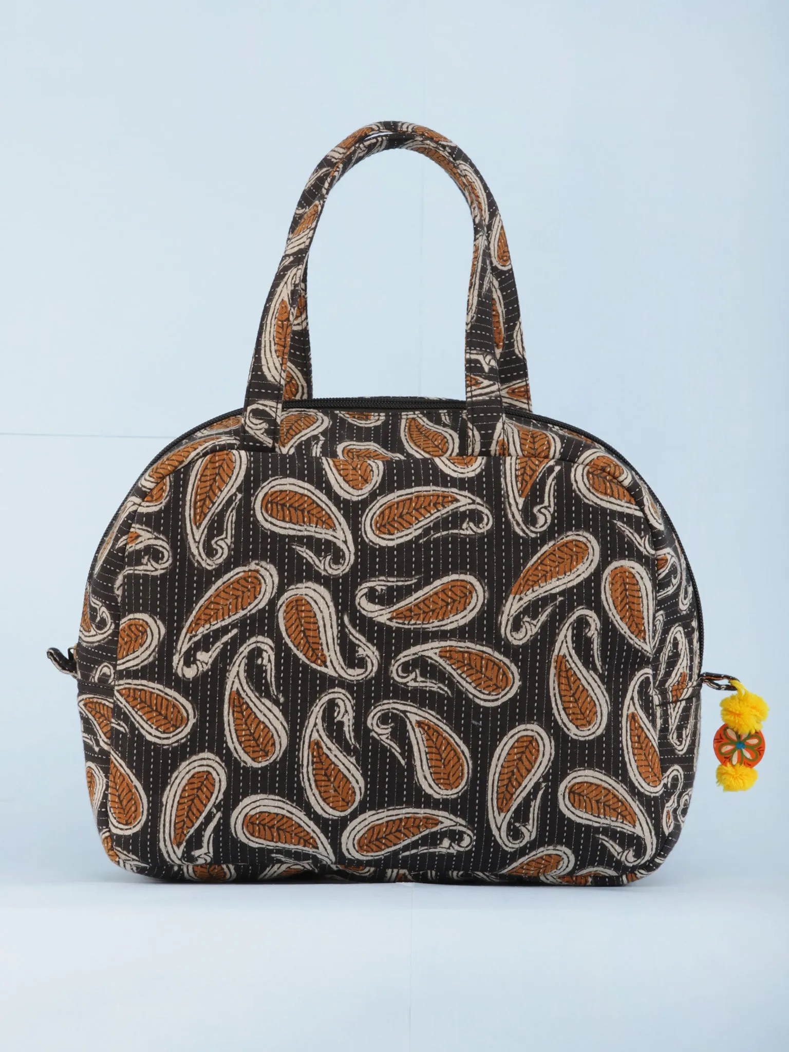 Charcoal Grey Mustard Hand Block Printed Bucket Style Hand Bag - B0707