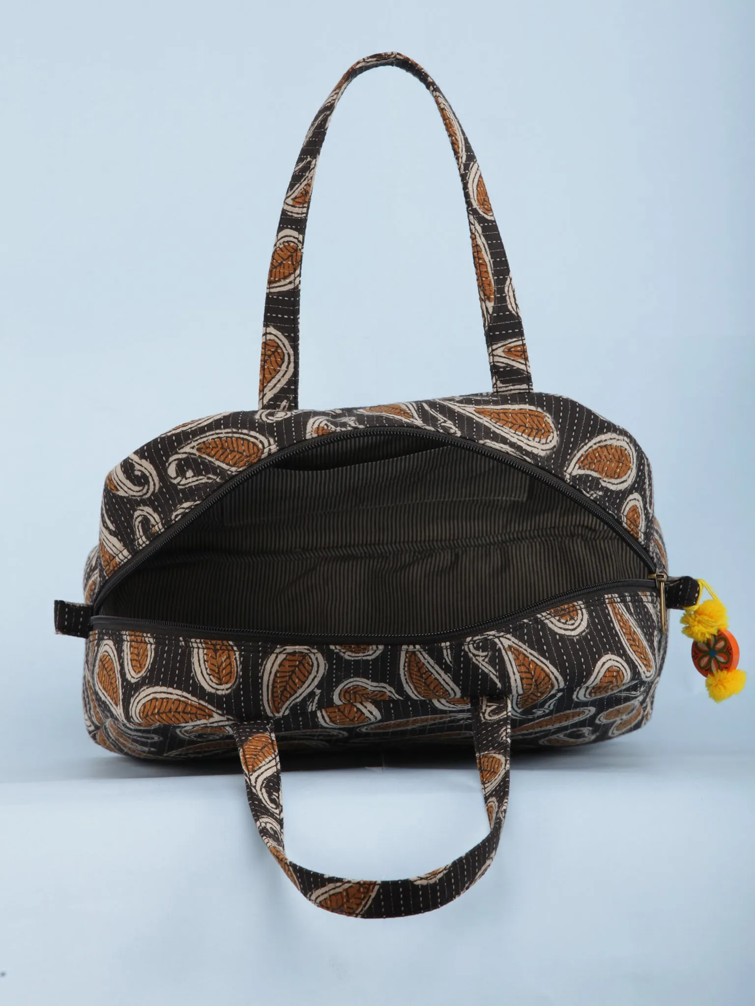 Charcoal Grey Mustard Hand Block Printed Bucket Style Hand Bag - B0707