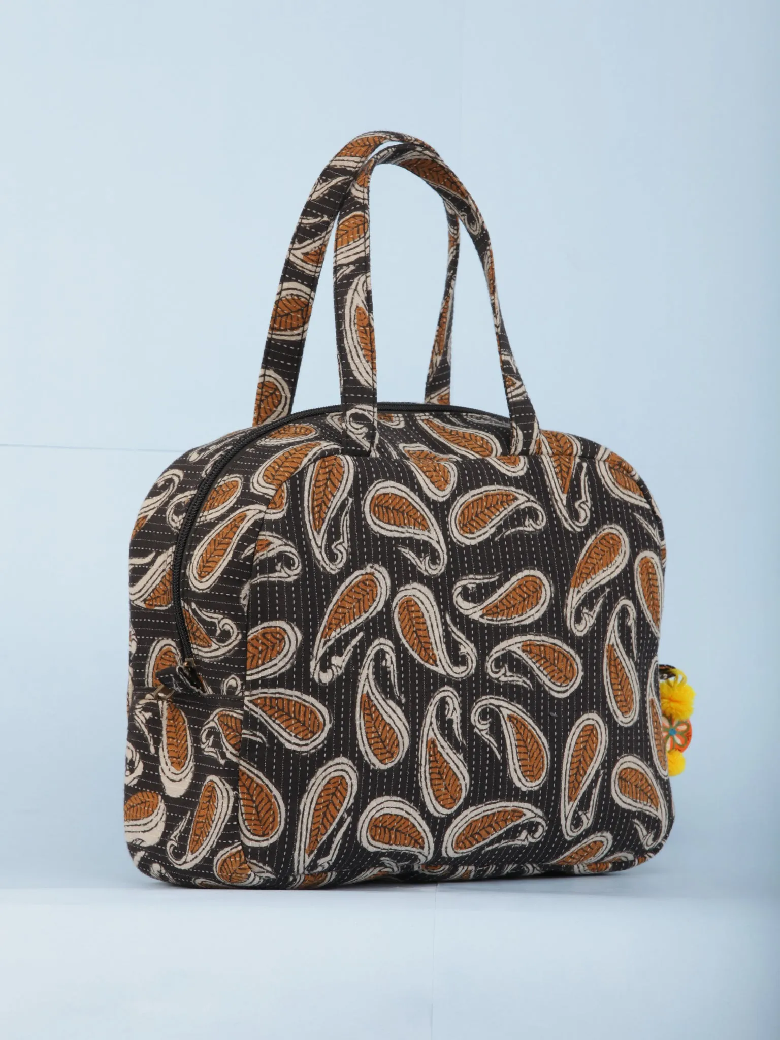 Charcoal Grey Mustard Hand Block Printed Bucket Style Hand Bag - B0707