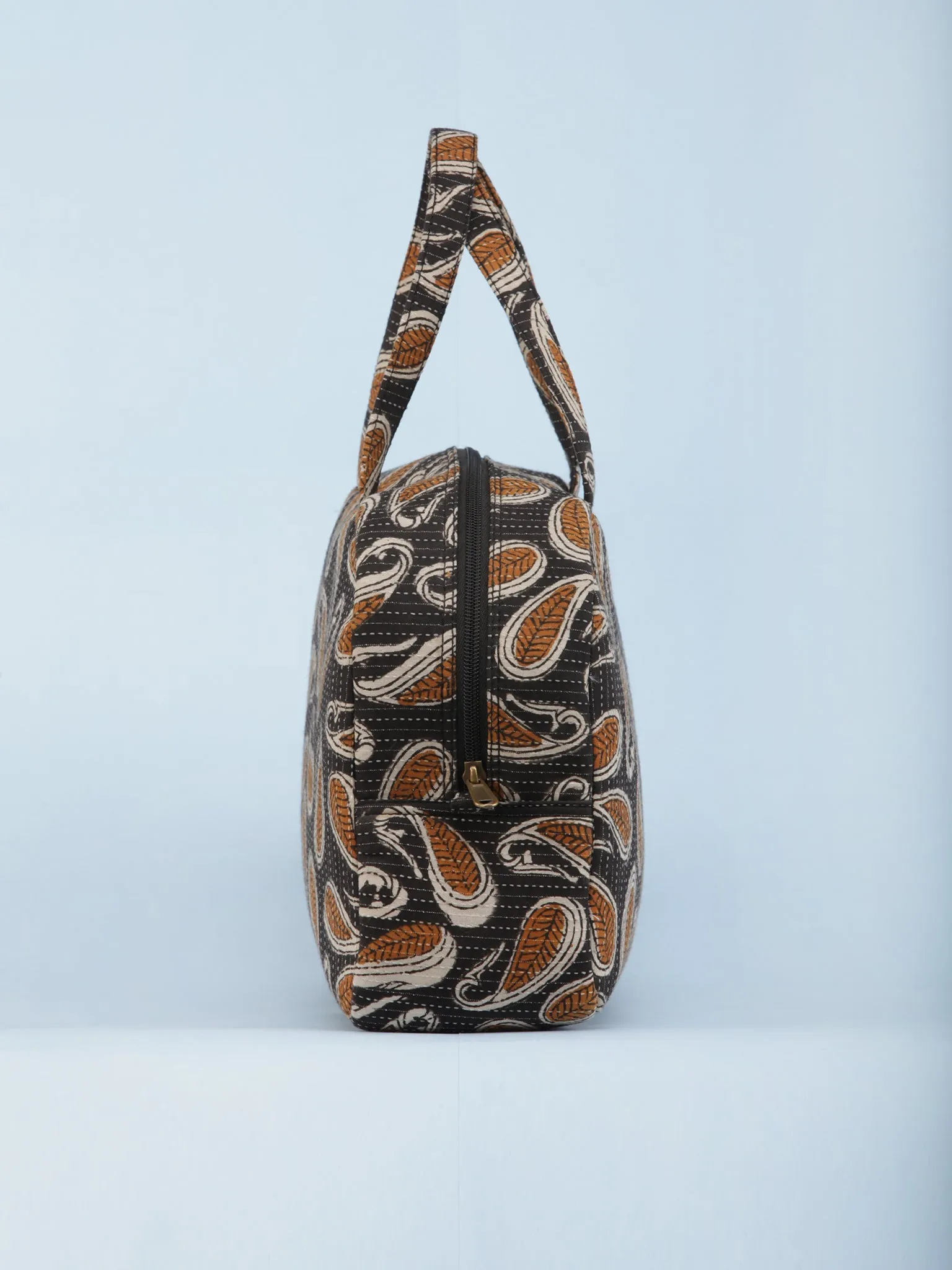 Charcoal Grey Mustard Hand Block Printed Bucket Style Hand Bag - B0707