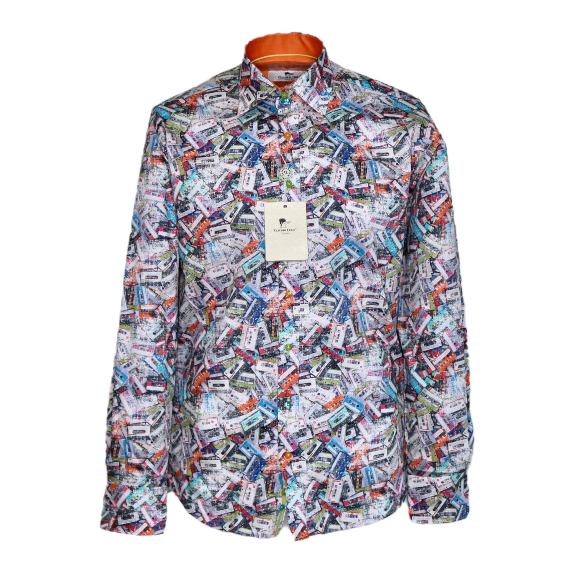 Claudio Lugli CP6877 White Retro Cassette Print Long Sleeve Shirt