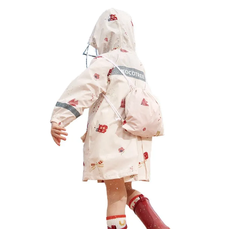 Cream Woodland Butterfly Theme Kids Raincoat, Jacket Style