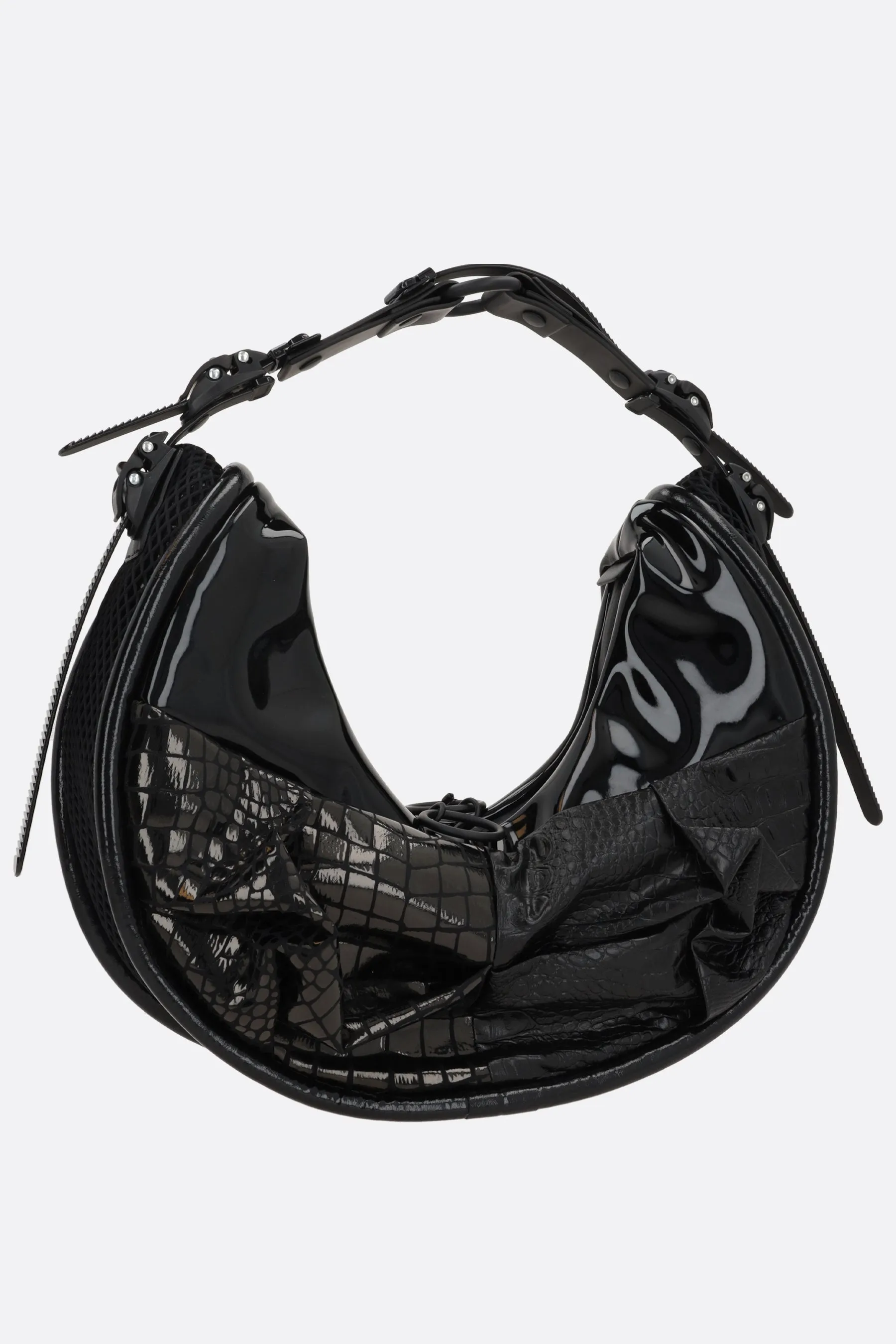 crocodile embossed leather and mesh shoulder bag