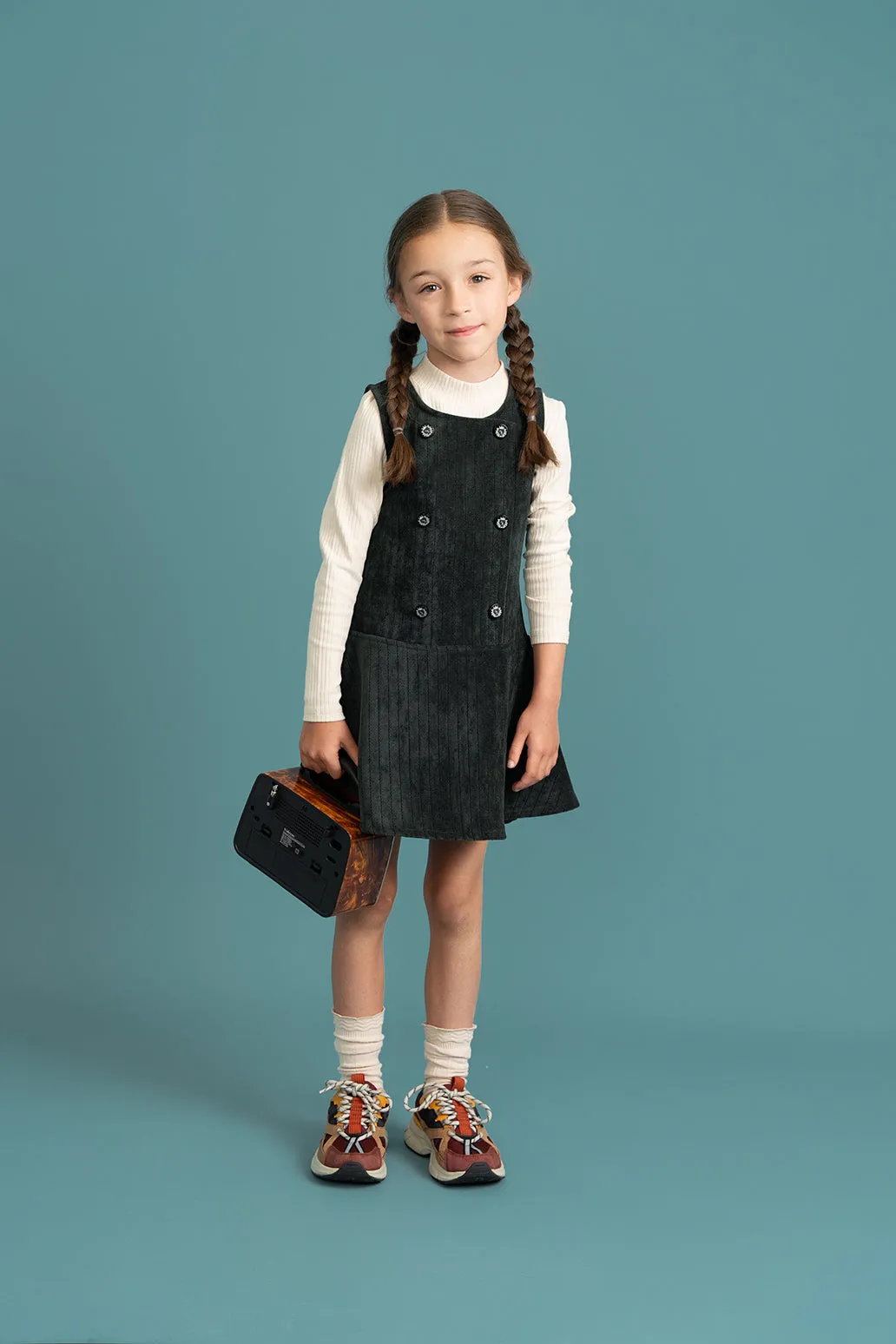 dress sleeveless velvet double buttons - forest green