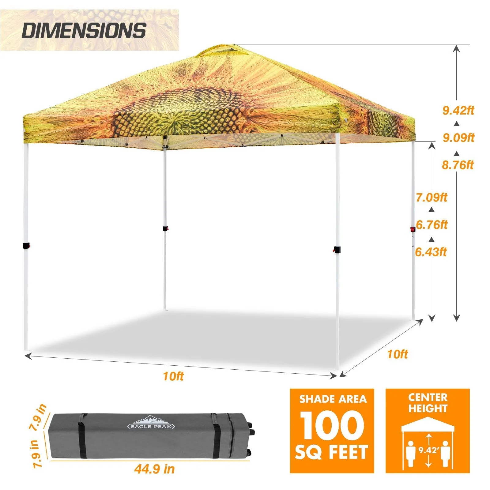 Eagle Peak SHADE GRAPHiX Easy Setup 10x10 Pop Up Canopy Tent with Digital Printed Sun Flower Top