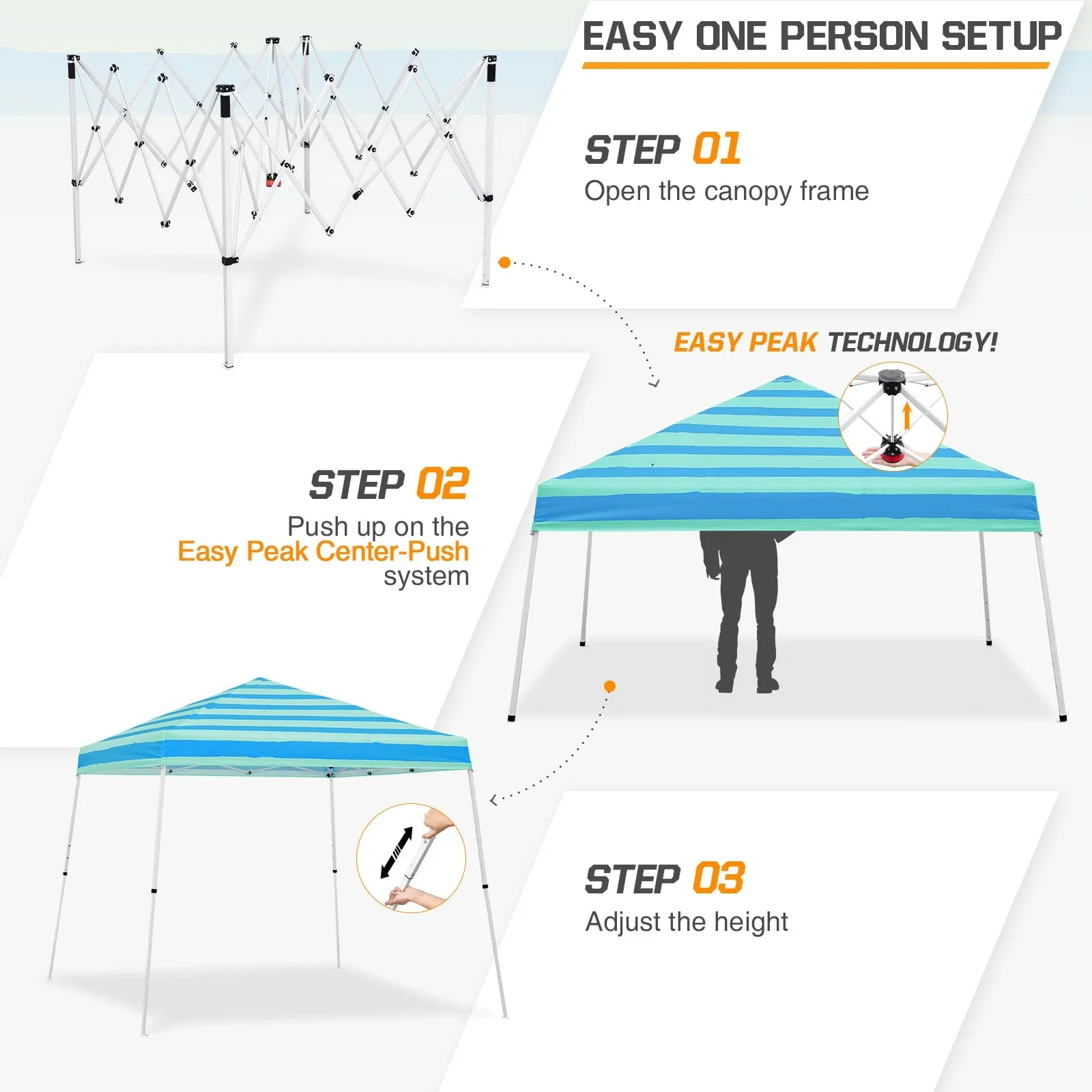 Eagle Peak SHADE GRAPHiX Slant Leg 10x10 Easy Setup Pop Up Canopy Tent with Digital Printed Green Blue Stripe Top
