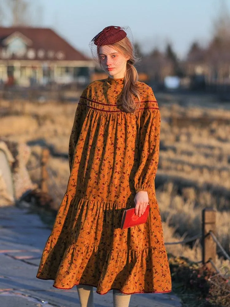 Elsie Dress Mori Girls Floral Cotton Corduroy Midi Dress Long Sleeve Casual Loose Ruffles Sweet Long Dress